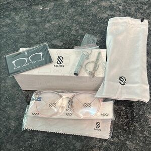 Sojos Anti Blue Light Glasses Light Pink Round Frame Carry Case & More NIB NWT